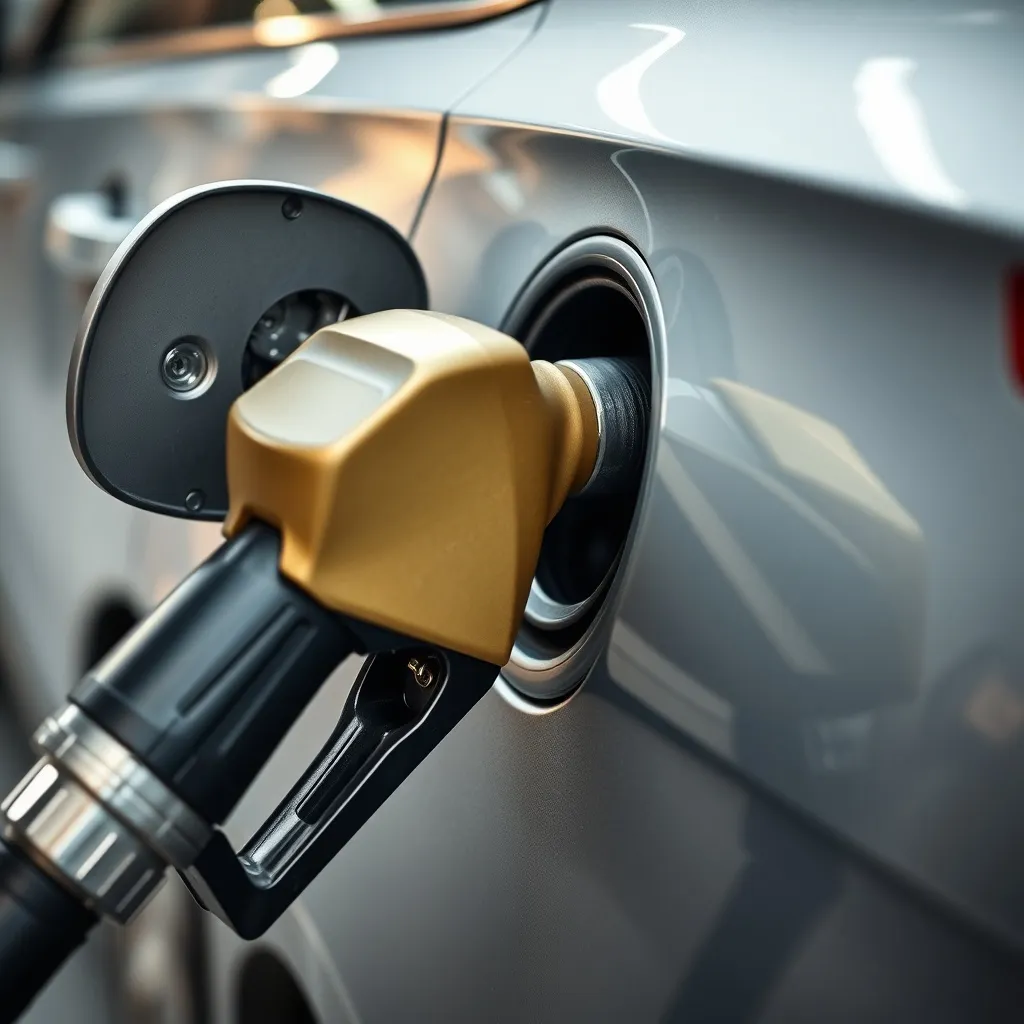 Close up of a fuel nozzle being inserted into a car gas tank