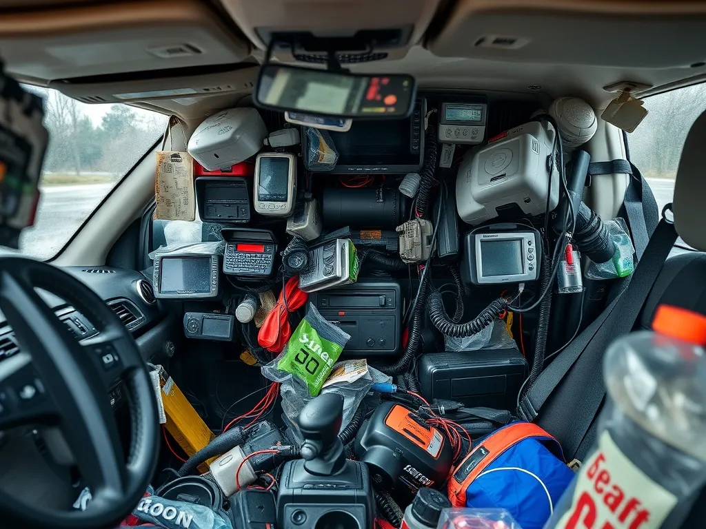 Messy car interior with many cheap electronic gadgets and pl