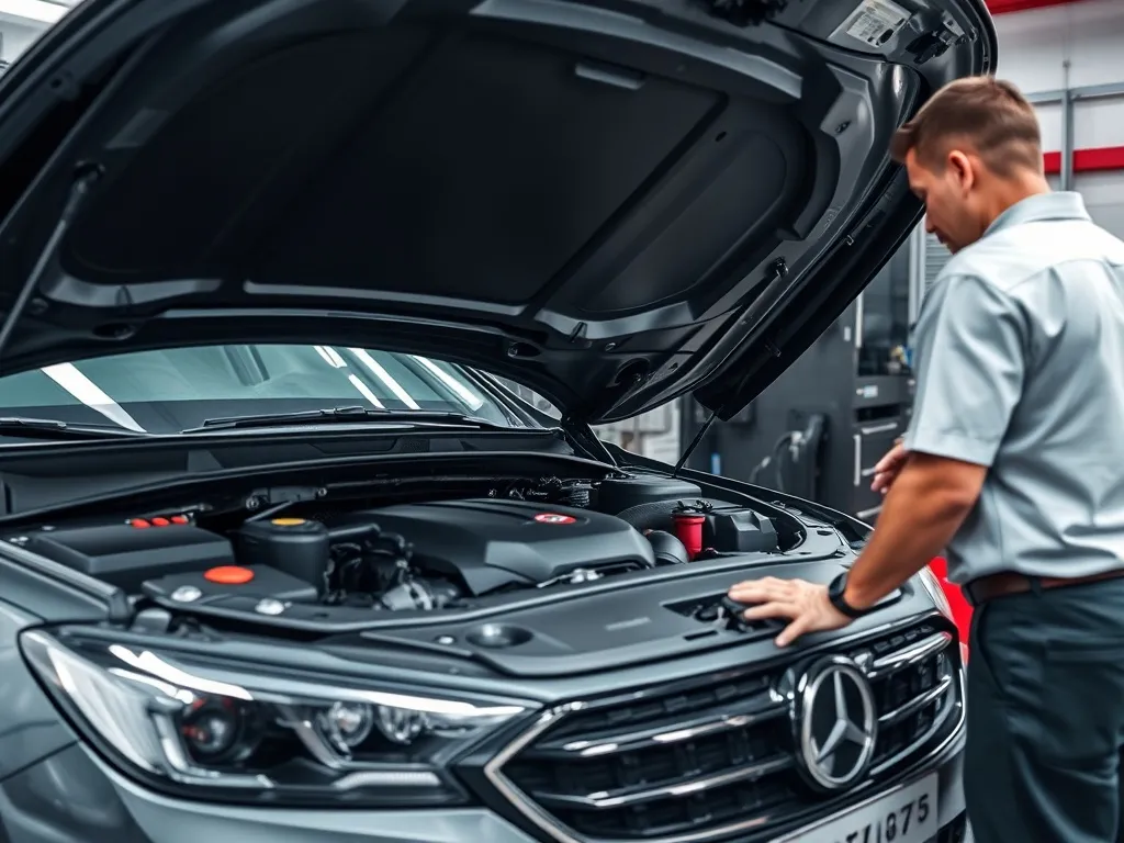 A modern car engine bay being inspected by a mechanic, profe