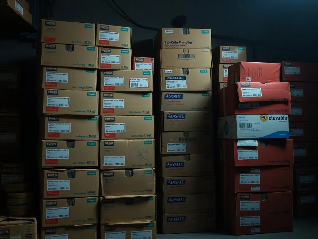 Stacked generic unbranded car part boxes in a dark garage, m