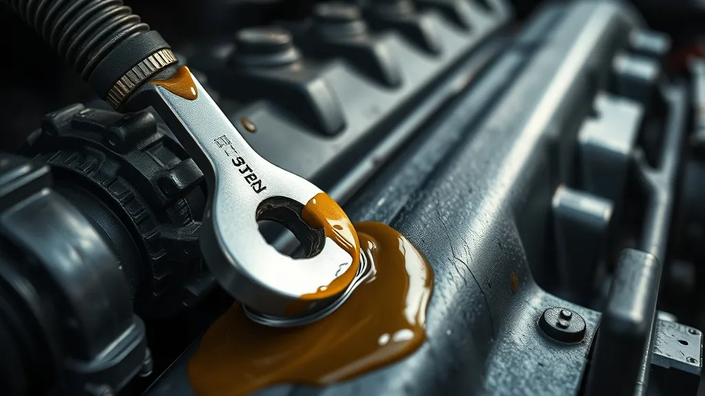 Close up of a car engine with oil spills and a dropped wrenc