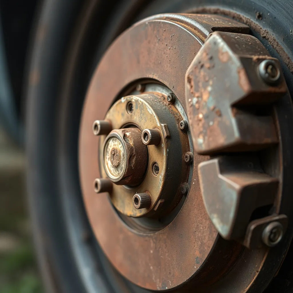 Close up of a rusty car brake disc and worn out brake pads,