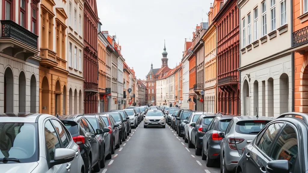 A narrow street in Wroclaw with many cars parked on both sid